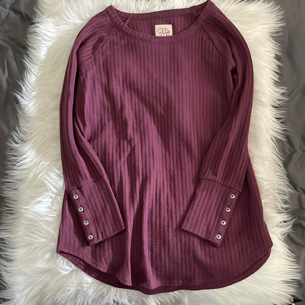 CHASER knit long raglan sleeve sweater plum purple curved hem women’s large
